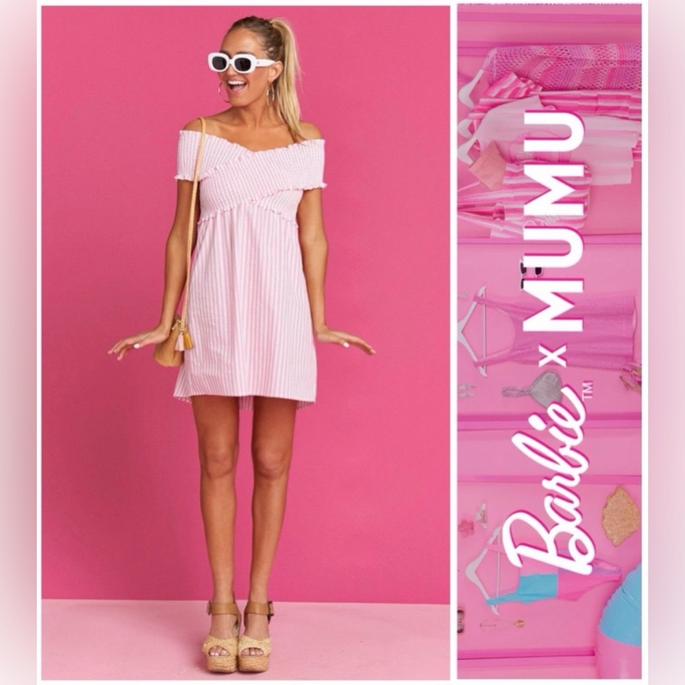 Show Me Your Mumu Barbie Pink & White Stripe Mandy Smocked Dress Like New Sz M